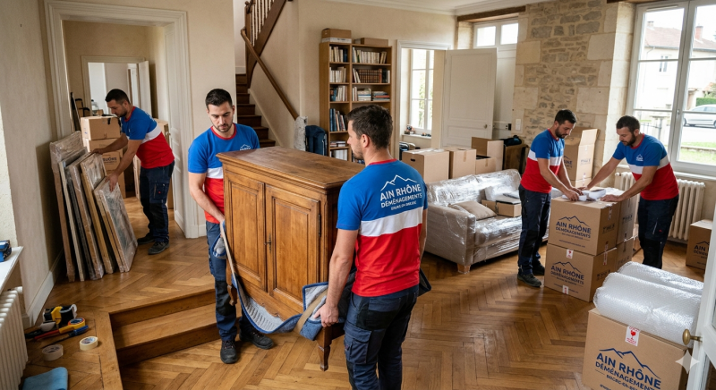 L'équipe Ain Rhône Déménagements en action à Bourg-en-Bresse : soin, efficacité et transport de mobilier sécurisé.